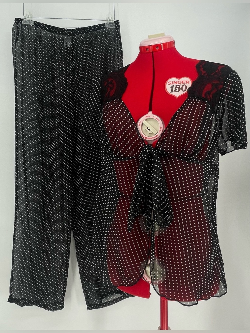 2 Piece Sheer Black & White Polka Dot Coord Set Wide Leg Pants Tie Front Top